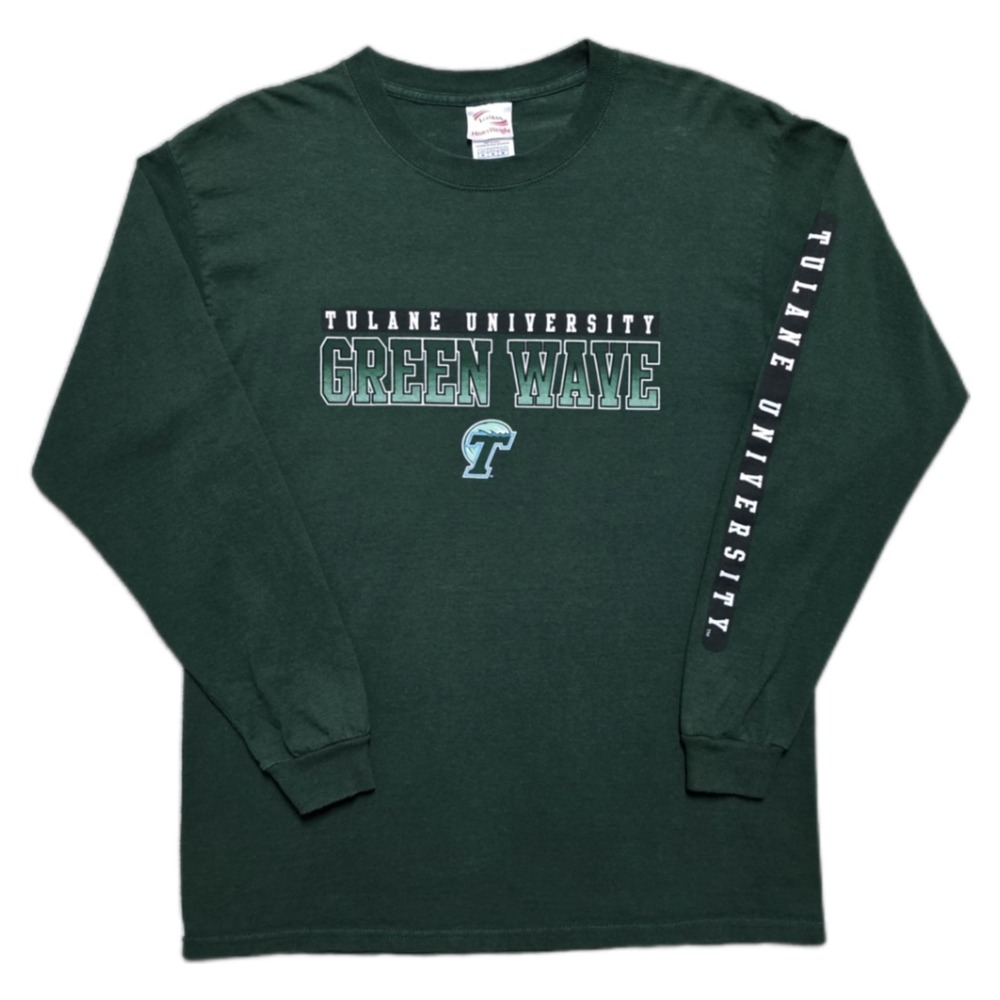 Rare VTG Tulane University Green Wave Sleeve Graphic LS T Shirt Mens M Y2K